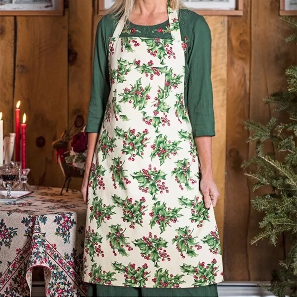 April Cornell Holly Chef 100% Cotton Holiday Apron Cream, Red, Green